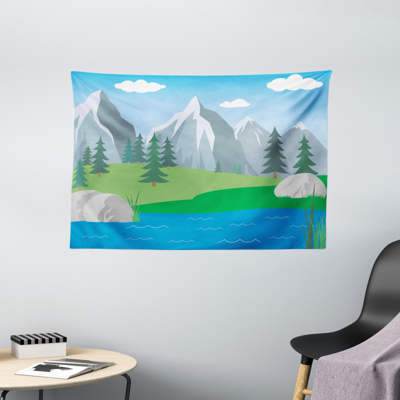 Cartoon Spring Scene Wide Tapestry