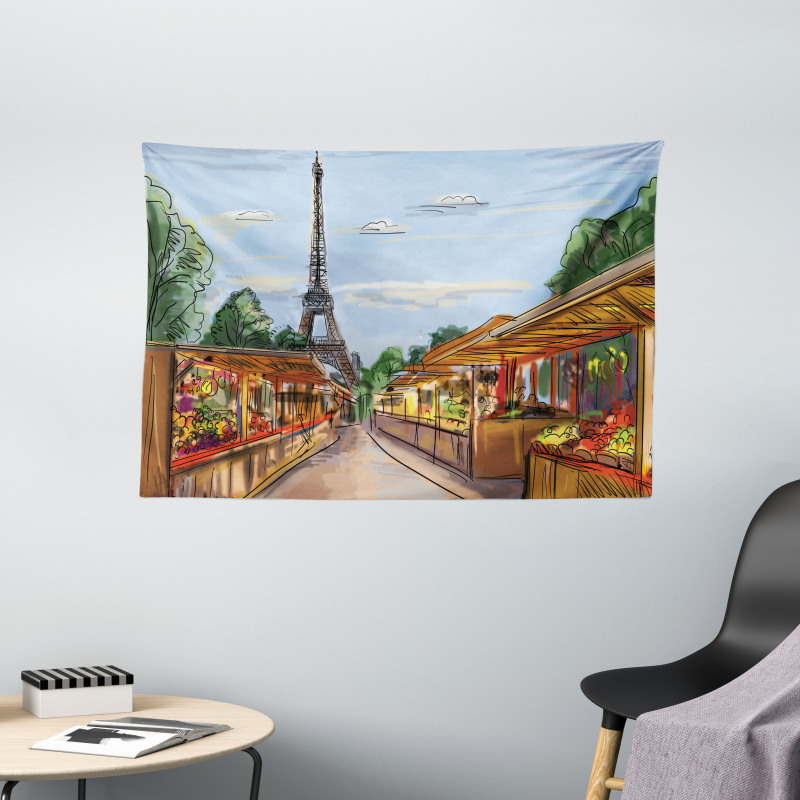 Colorful Sketch Street Eiffel Wide Tapestry