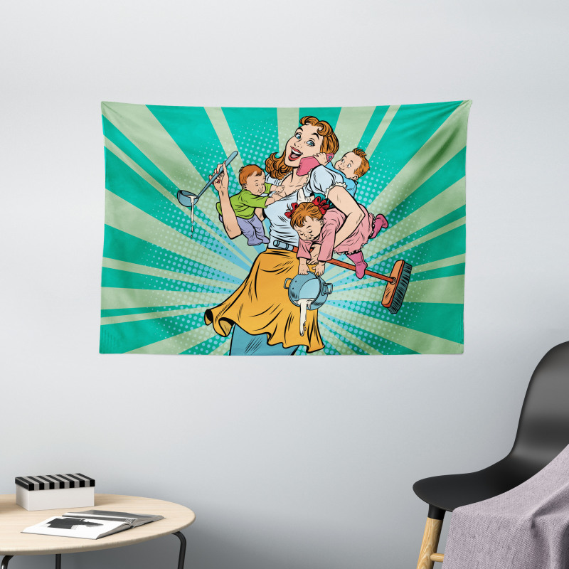 House Chores Kids Pop Art Wide Tapestry