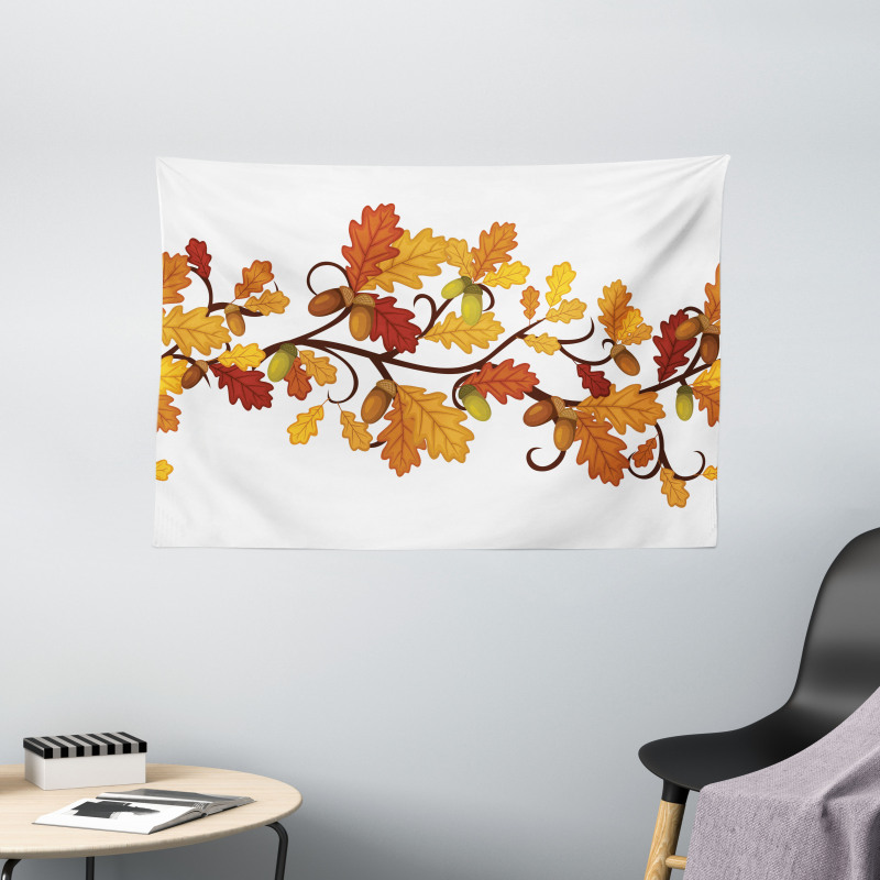 Autumn Oak Leaves and Acorns Wide Tapestry