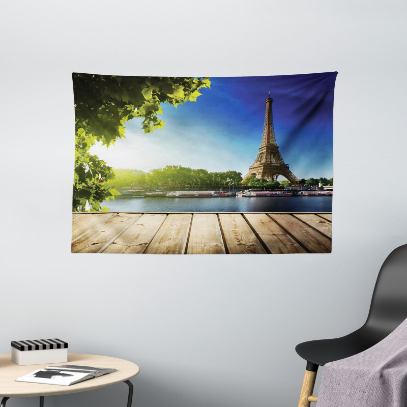 Eiffel Tower Wood Pier Seine Wide Tapestry