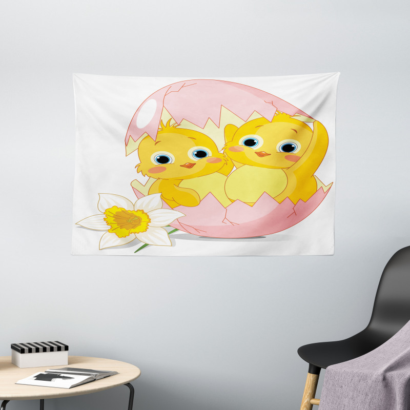 Daffodil Chicks Cracked Egg Wide Tapestry