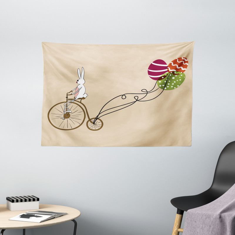 Bunny on Bike Egg Balloons Wide Tapestry