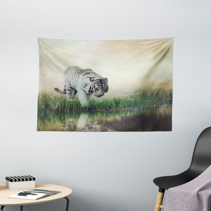 Albino Tiger Near a River Wide Tapestry