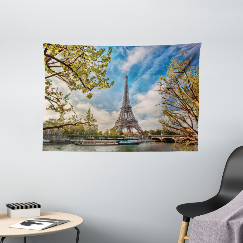 Paris Cloudy Sky Eiffel Tower Wide Tapestry