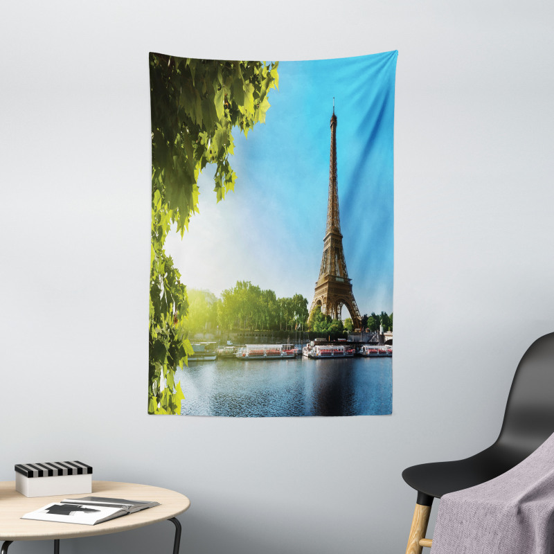 Sunny Day Eiffel Tower River Tapestry