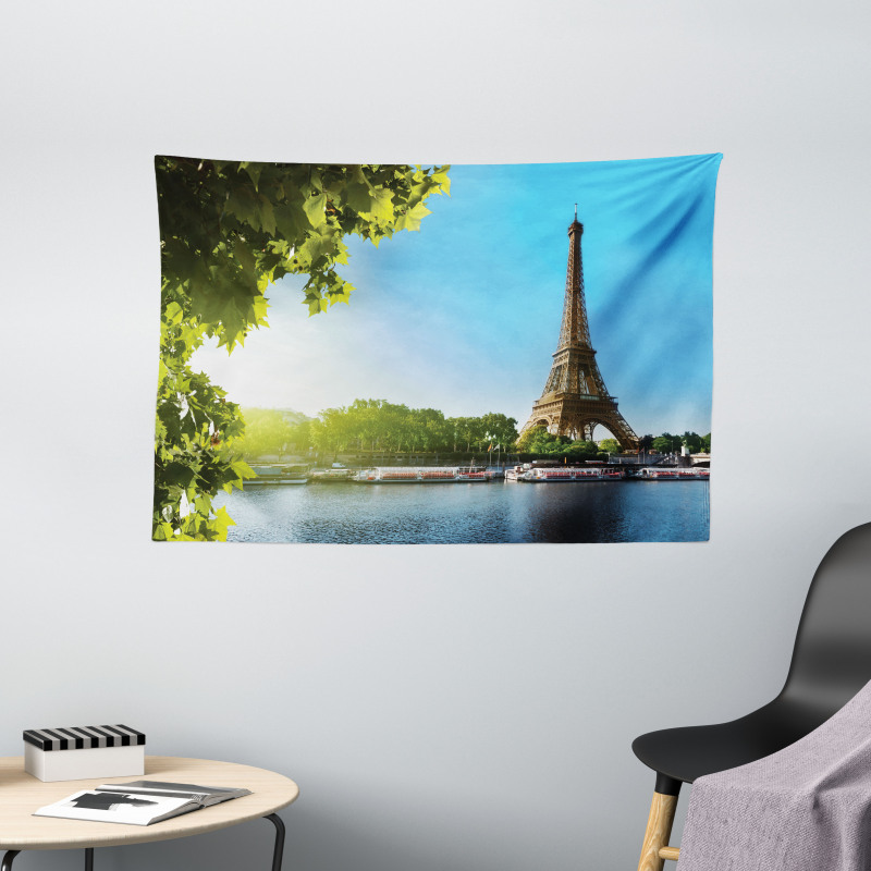 Sunny Day Eiffel Tower River Wide Tapestry