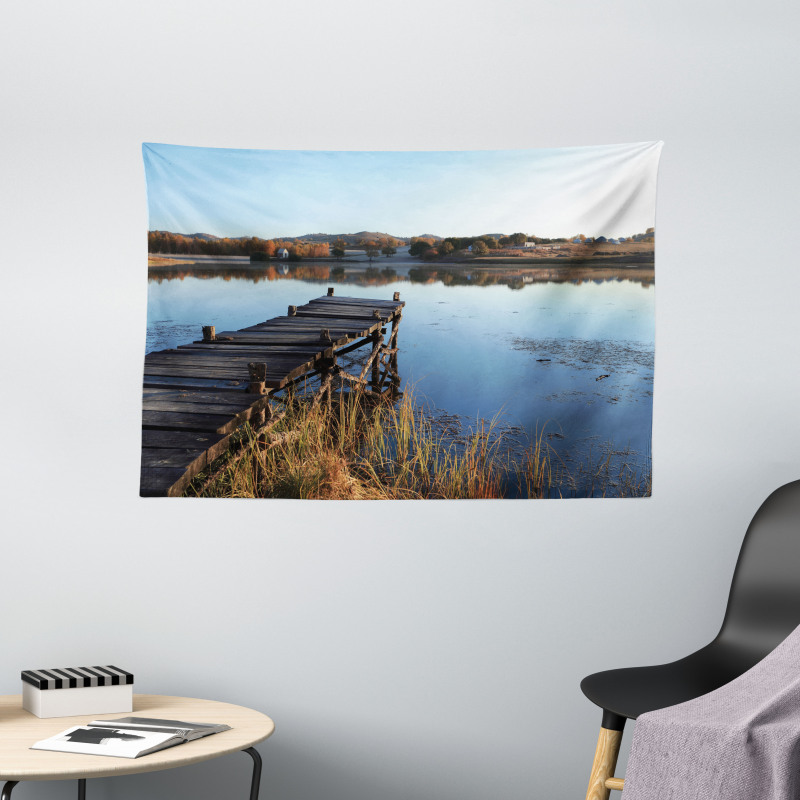 Tranquil Lake Idyllic Pier Wide Tapestry