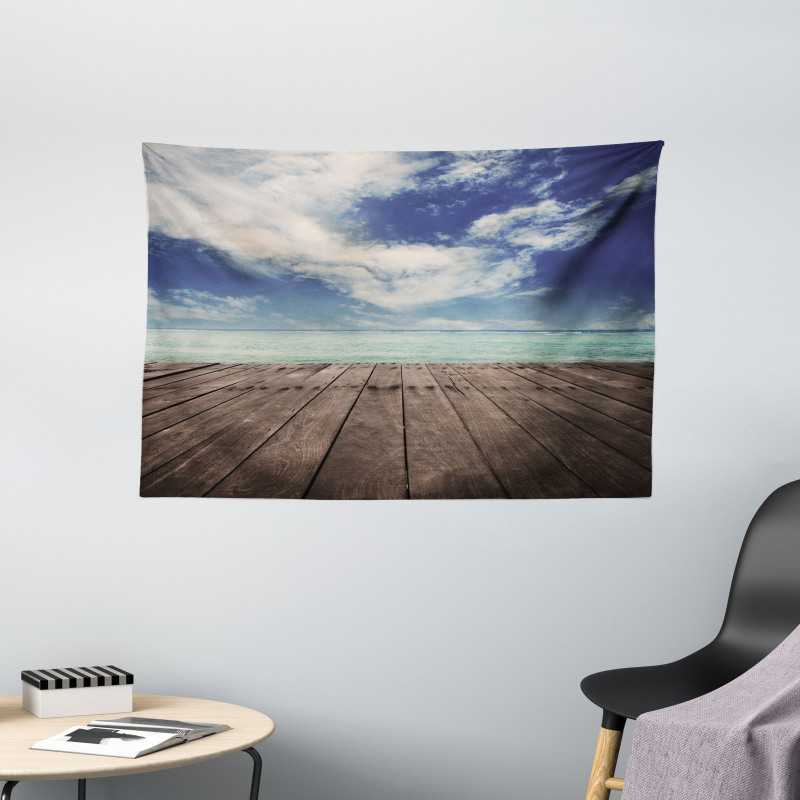 Ocean Cloudy Sky Wooden Pier Wide Tapestry