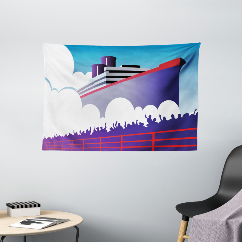 Large Ship with Harbor People Wide Tapestry