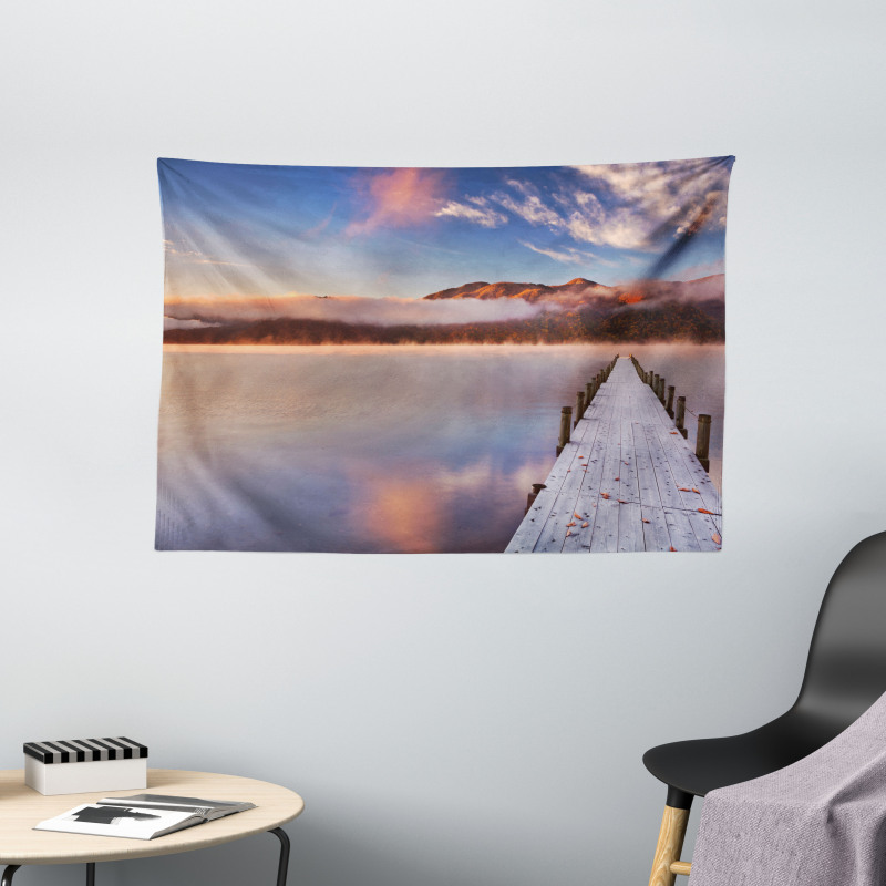 Japanese Lake Autumn Sunrise Wide Tapestry