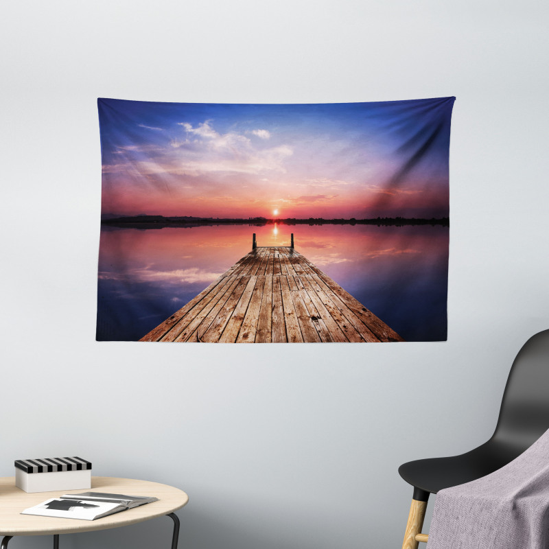 Panoramic Lake Old Pier Sunset Wide Tapestry