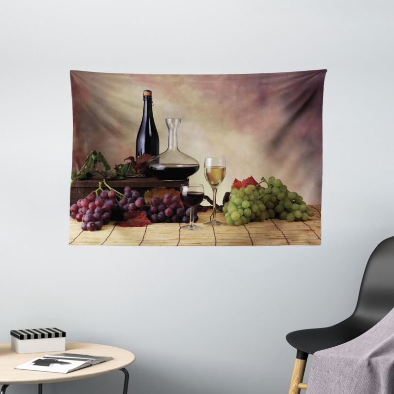 Grapes Wines Bottles Glasses Wide Tapestry