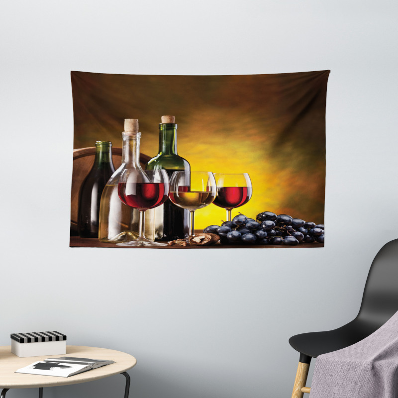 Grapes Bottles and Glasses Wide Tapestry