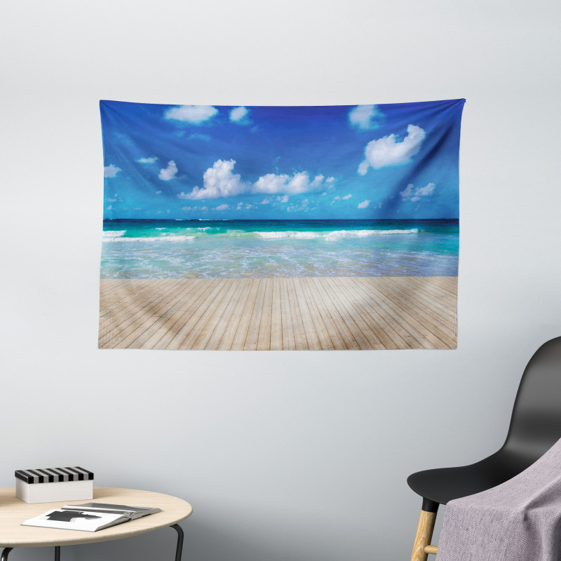 Waves on Wooden Pier Shore Wide Tapestry