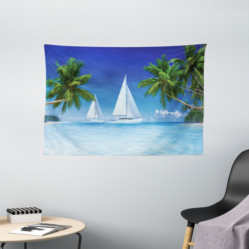 Palm Trees and Sailboats Wide Tapestry