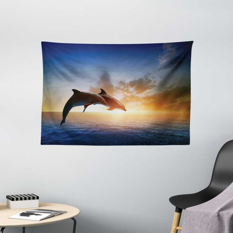 Couple of Dolphins Jump on Sea Wide Tapestry