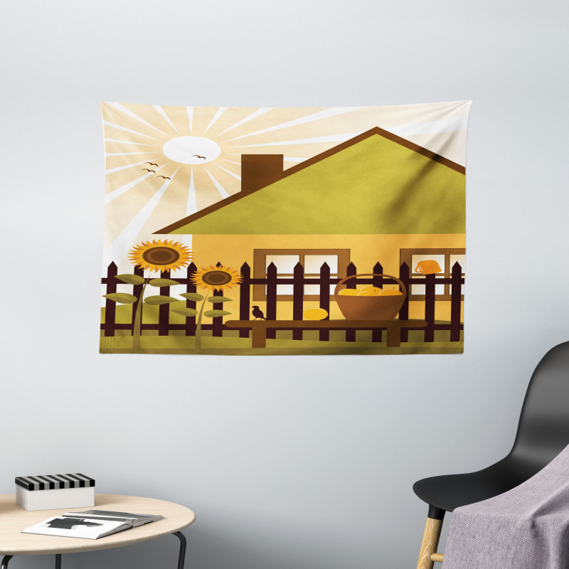 Cartoon House with Garden Wide Tapestry