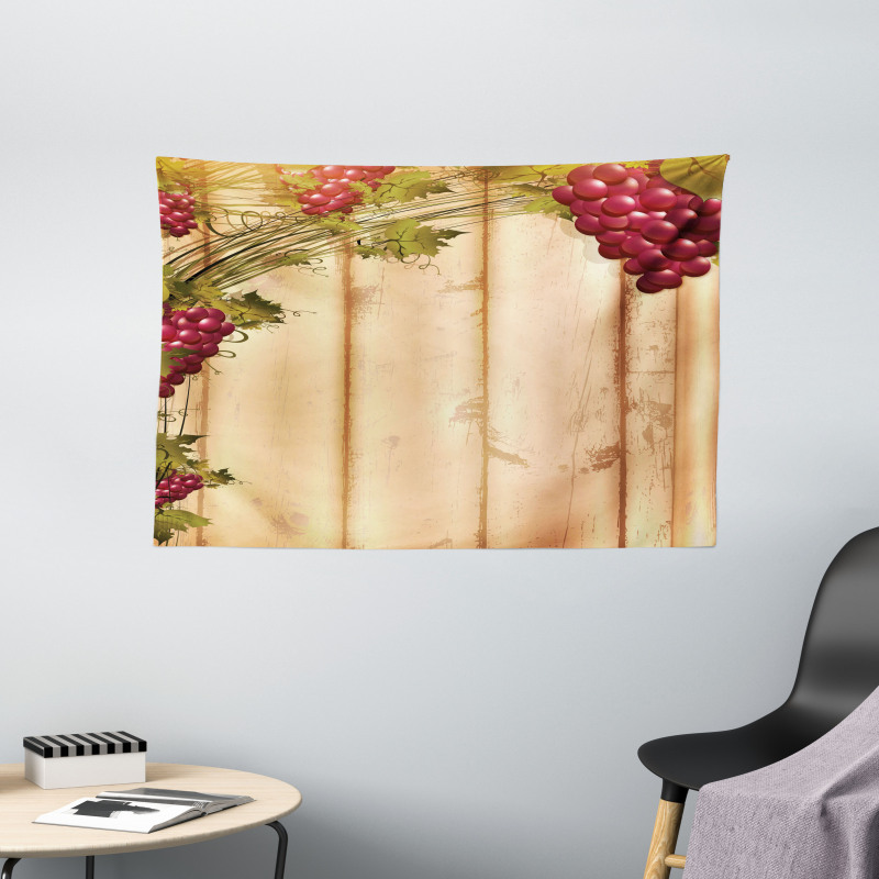 Grapes Wooden Illustration Wide Tapestry