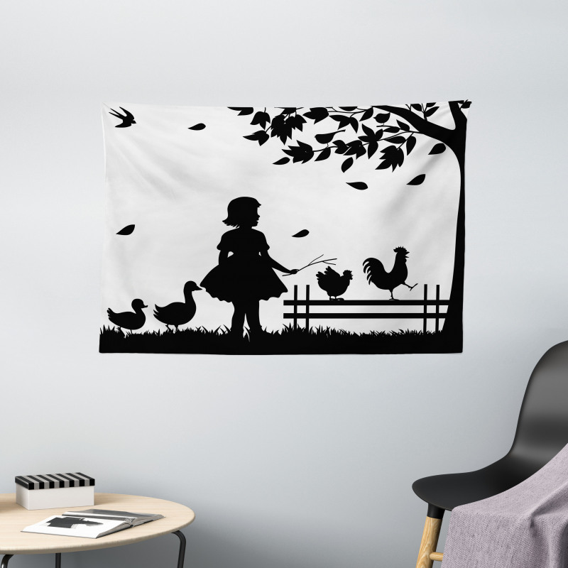 Little Girl Geese Rooster Wide Tapestry