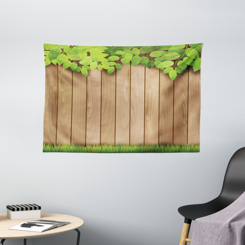 Leafy Tree Branch Grass Fence Wide Tapestry