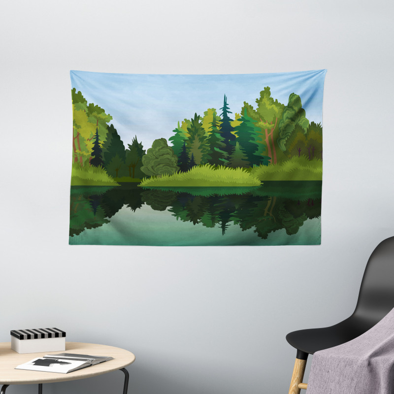 Calm Trees on Pure Lake Wide Tapestry