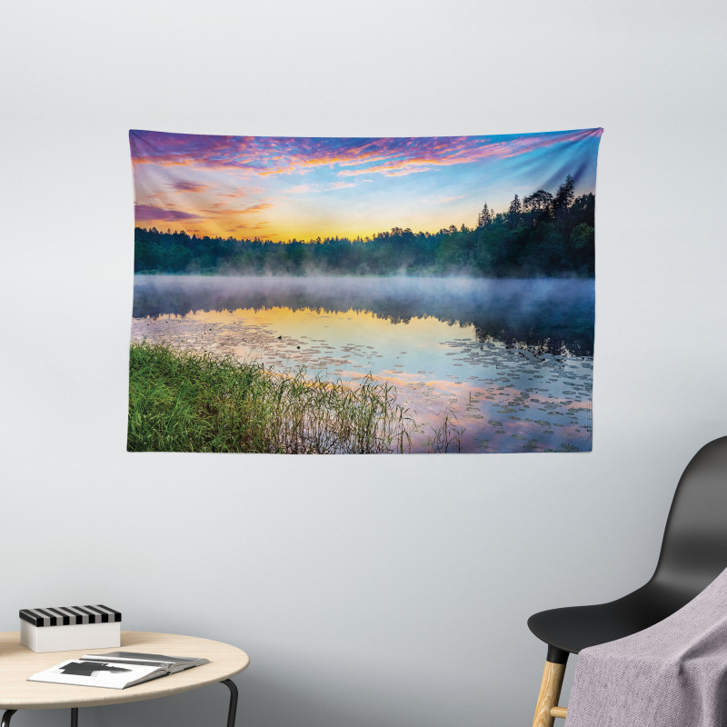 Foggy Sunset on Lake Wide Tapestry