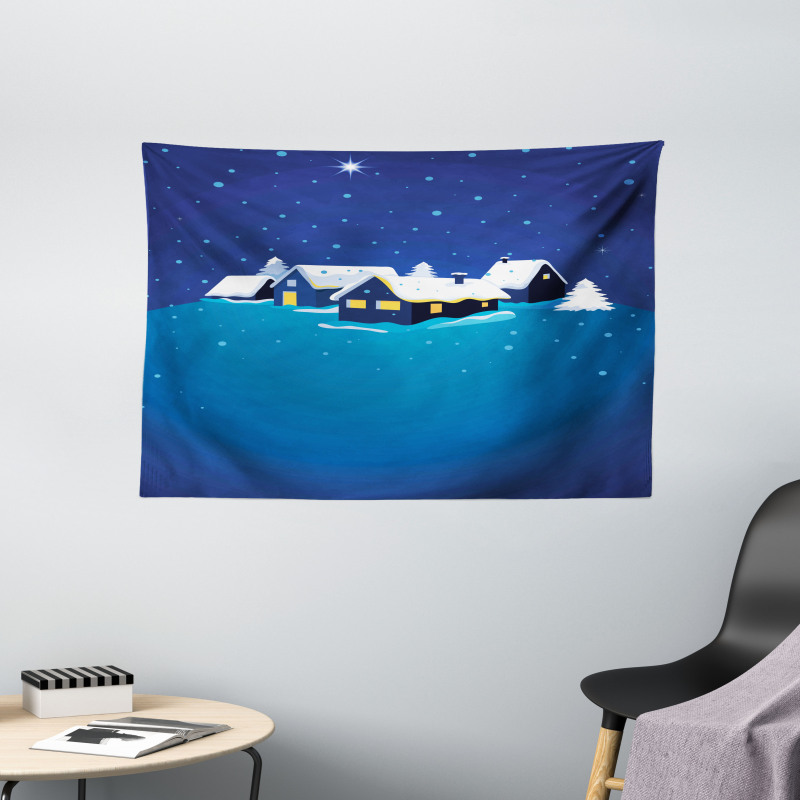 Snowy Small Town Cozy Home Wide Tapestry