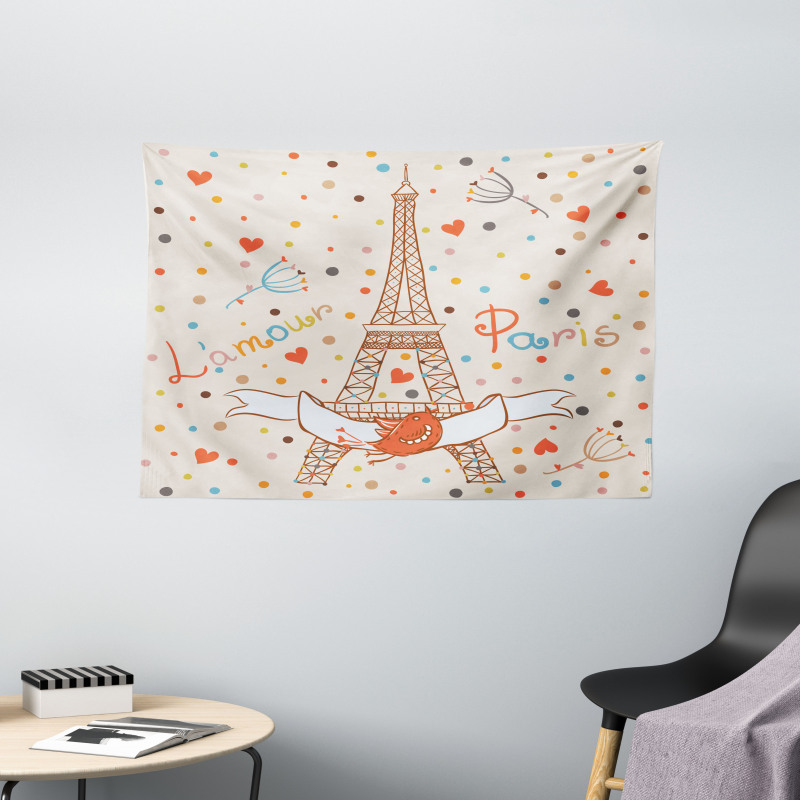 Eiffel Love Birds Wide Tapestry