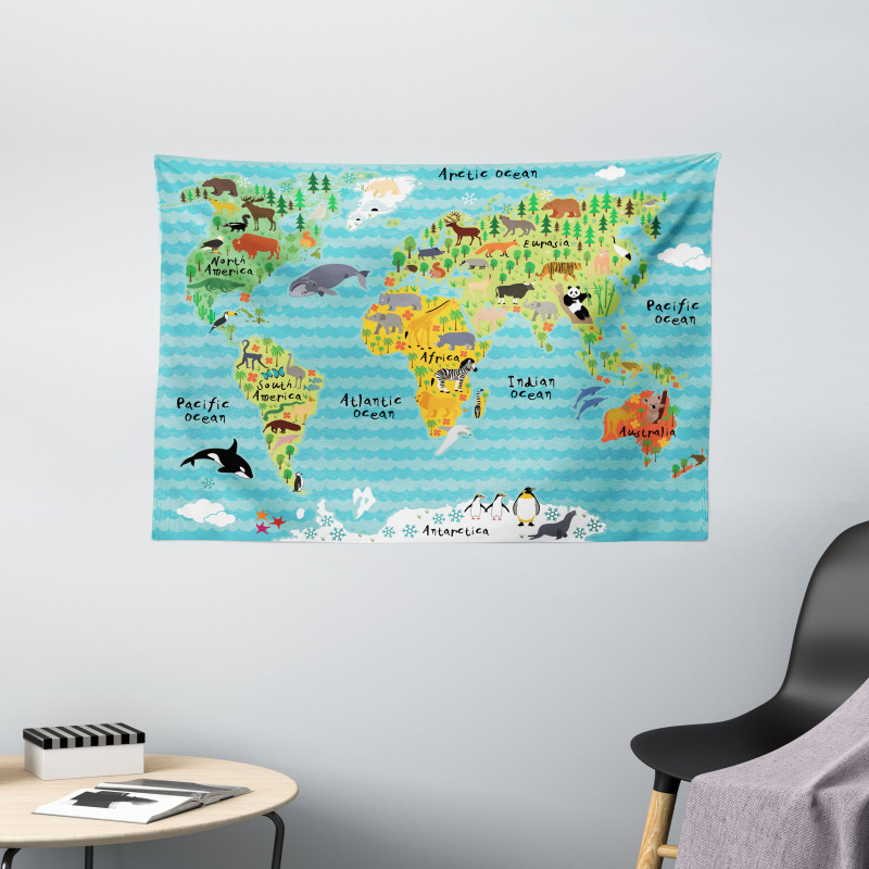 Kids World Map of Animal Wide Tapestry