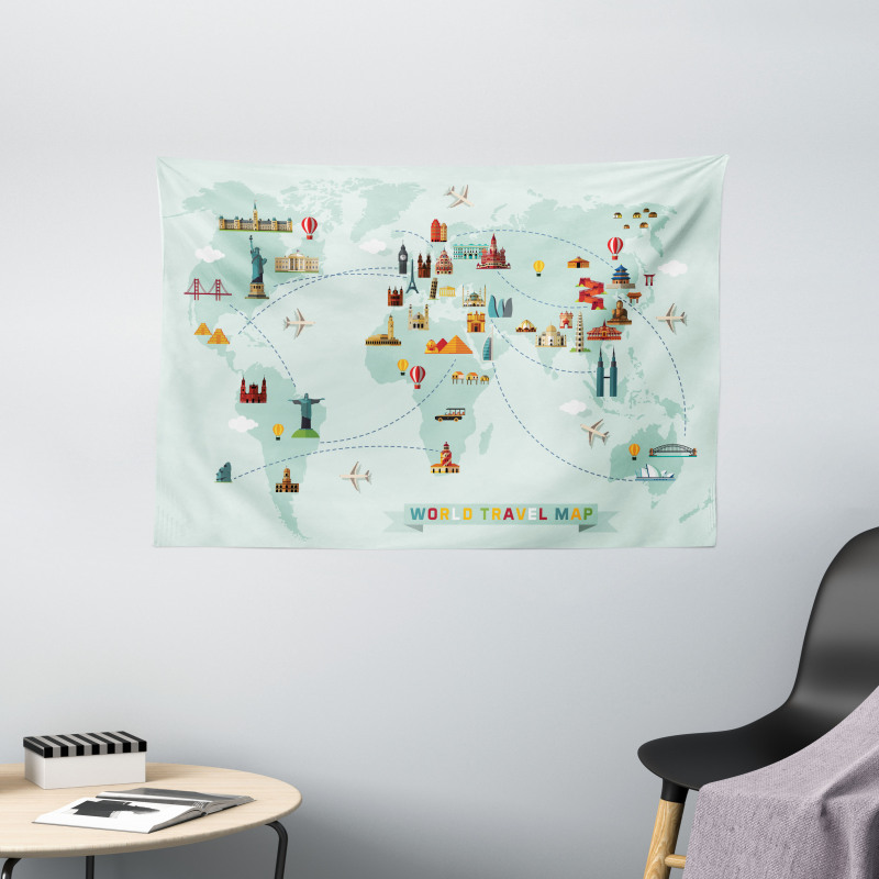 Famous World Travel Map Wide Tapestry