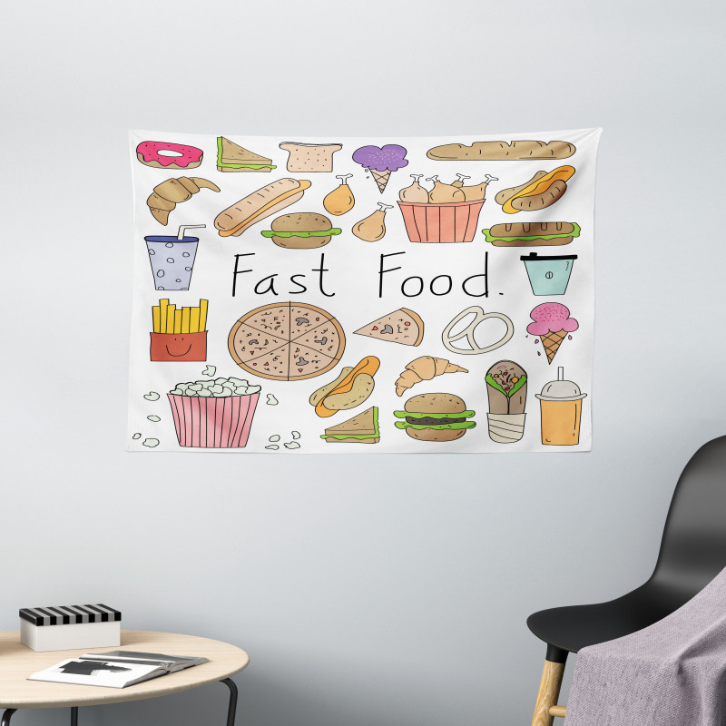 Fast Food Lettering Doodle Wide Tapestry