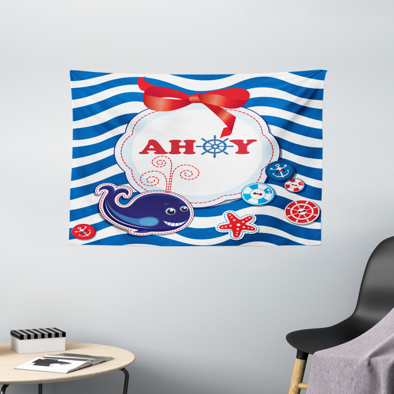 Marine Ahoy Cartoon Whale Wide Tapestry