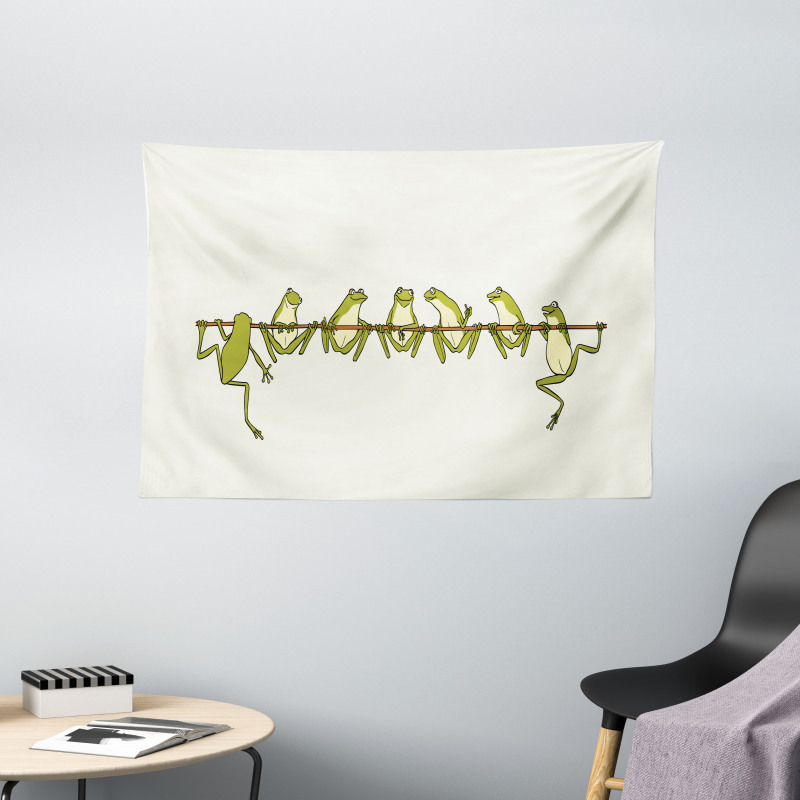 Frogs Hanging to a Stick Wide Tapestry