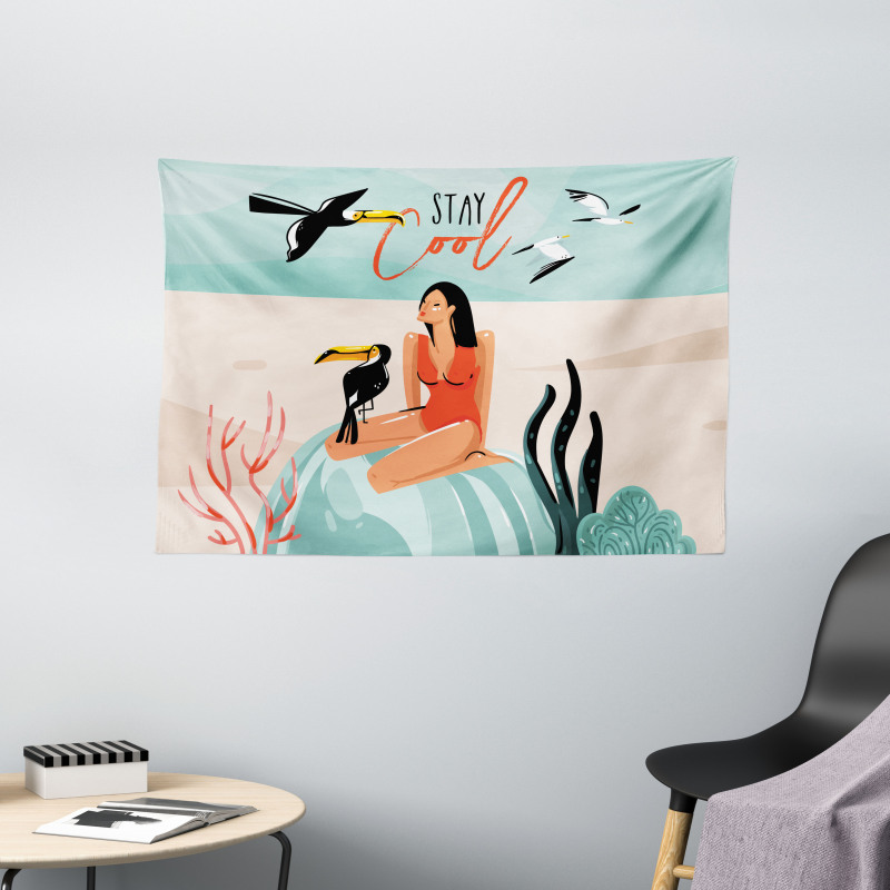 Summer Girl with Toucan Wide Tapestry