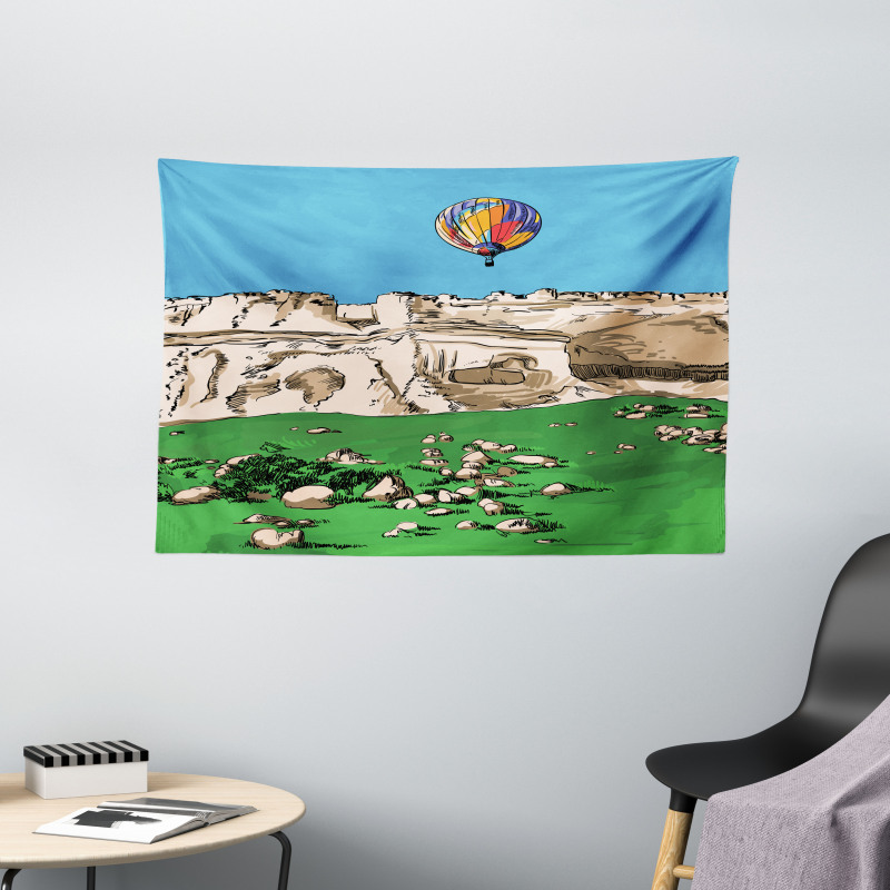 Mountains and Air Balloon Wide Tapestry