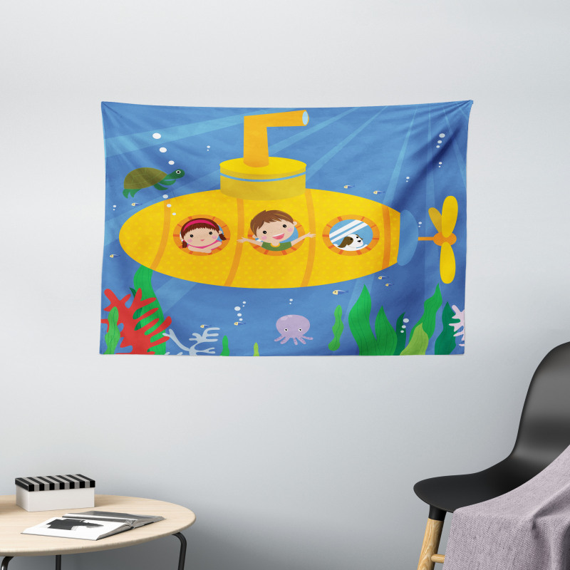 Boy Girl Dog Underwater Wide Tapestry