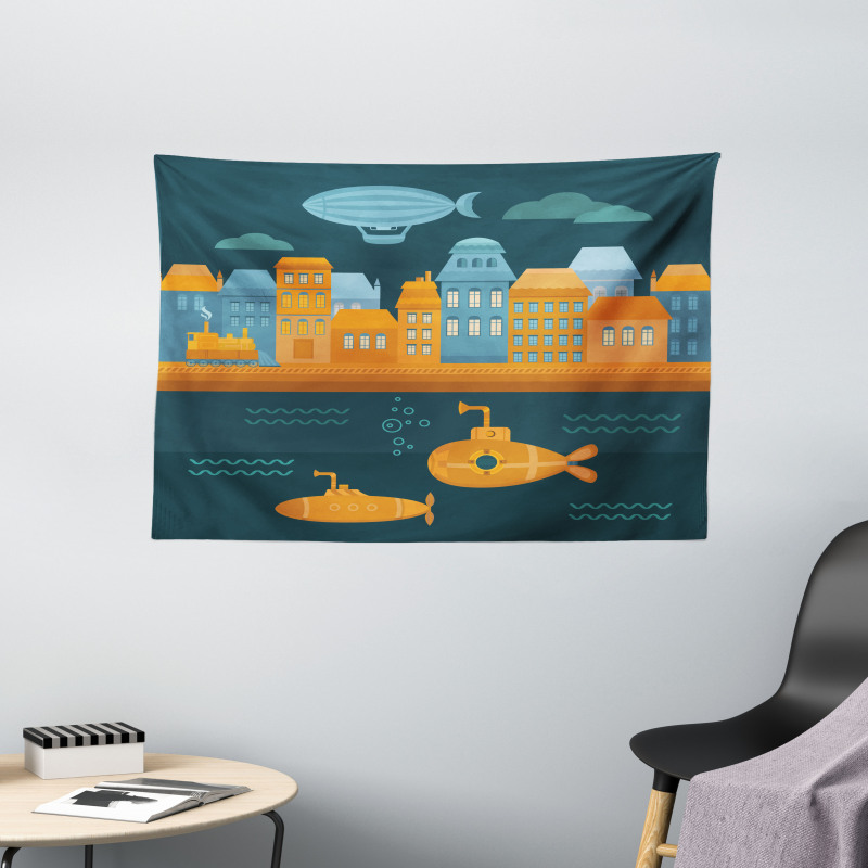 Train Airship Submarines Wide Tapestry