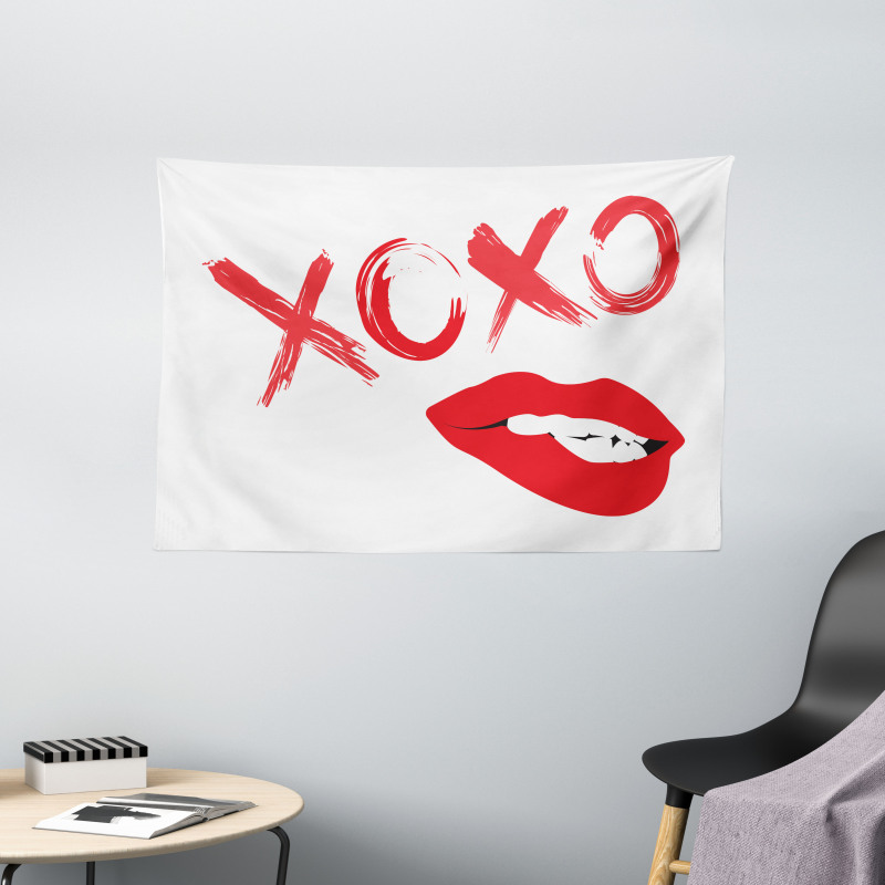 Lipsticked Woman Biting Lips Wide Tapestry