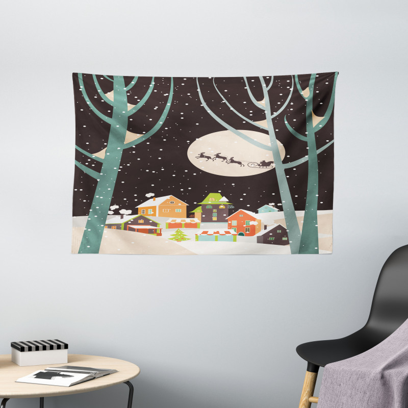 Snow Santa with Deer Town Wide Tapestry