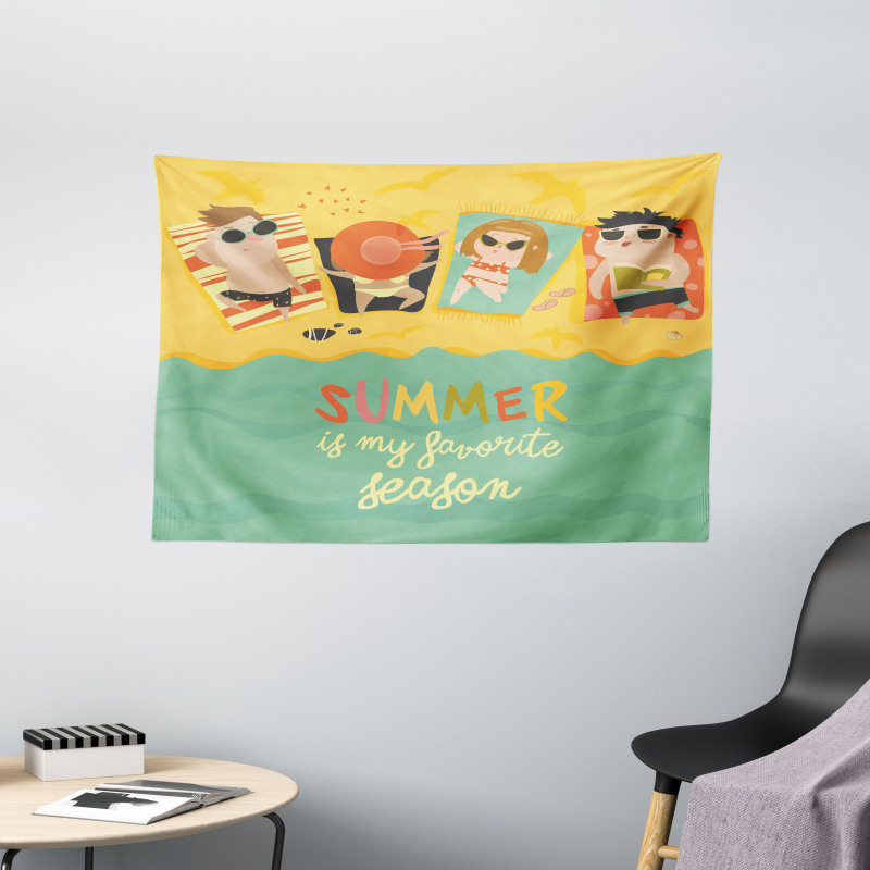 Sunbathing Kids Beach Doodle Wide Tapestry