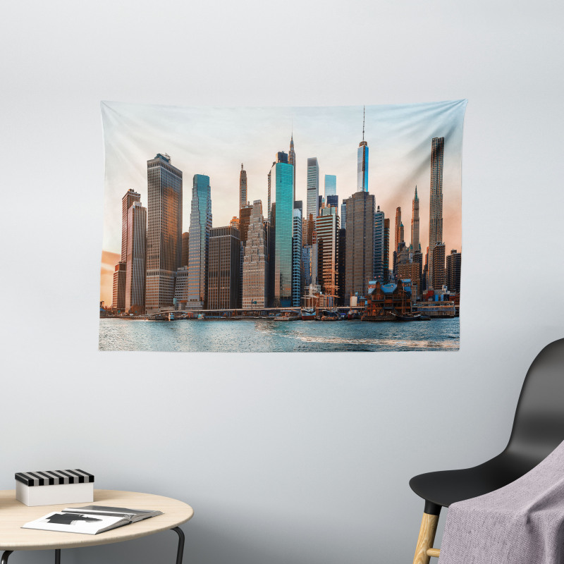 Manhattan New York Skyline Dusk Wide Tapestry