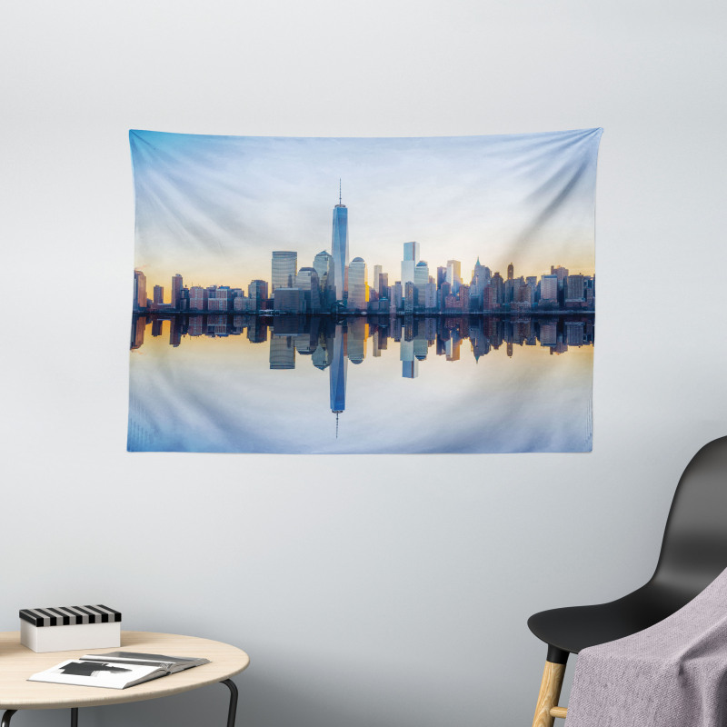 Manhattan Skyline Reflection Wide Tapestry