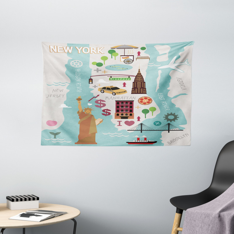 New York Infographic Doodle Map Wide Tapestry