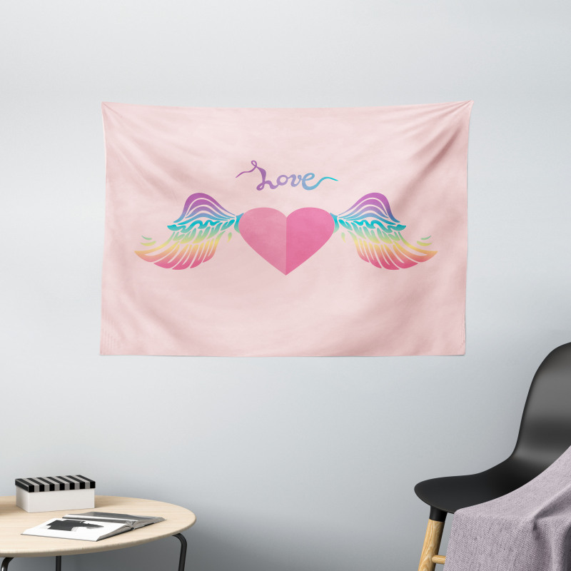 Love Heart Rainbow Wings Wide Tapestry