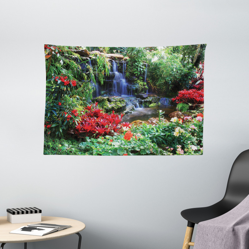 Spring Forest Waterfall Wide Tapestry