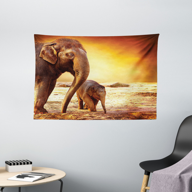 Mother Baby Elephant Family Wide Tapestry