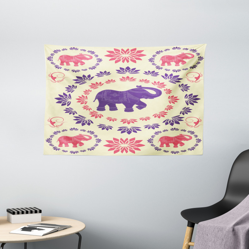 Colorful Floral Elephant Wide Tapestry