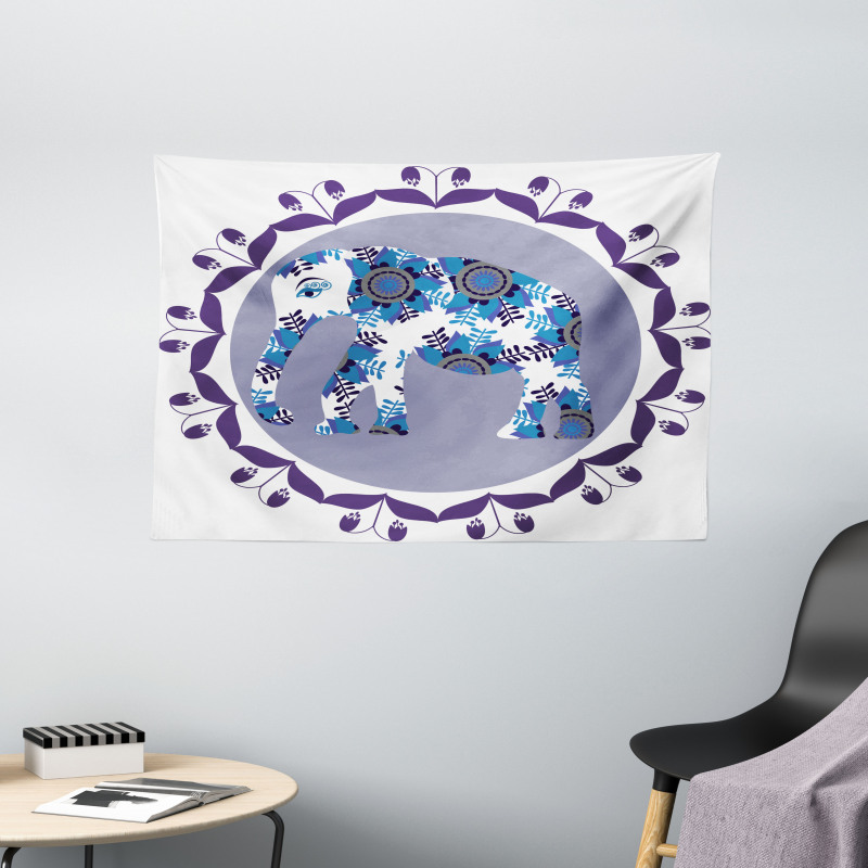 Elephant with Tulips Pattern Wide Tapestry