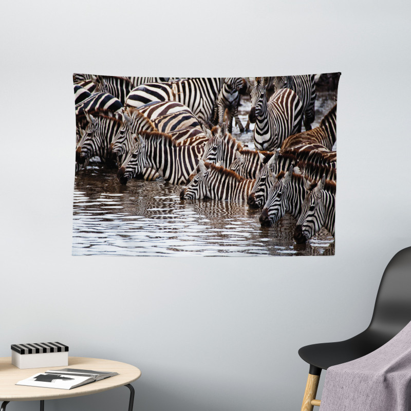 Zebra Wildebeest Herd Wide Tapestry